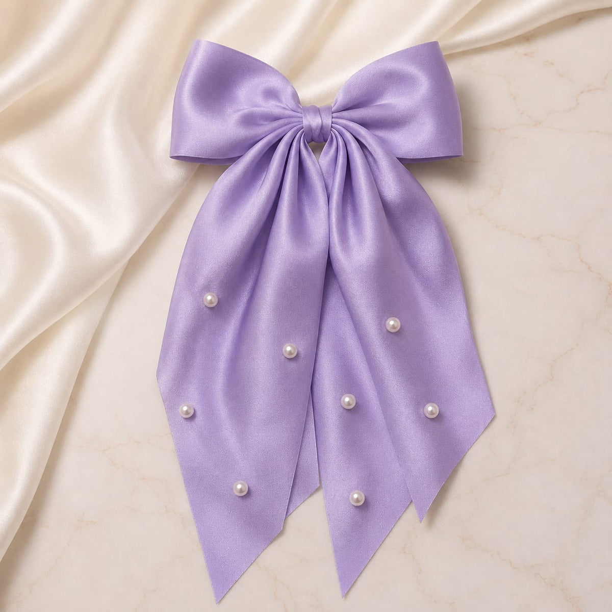 Lavender Pearl Satin Bow Hair Clip