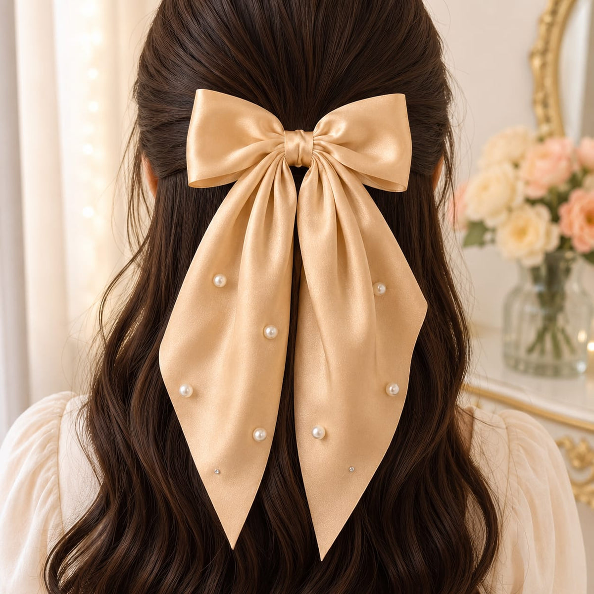 Pearl-Embellished Satin Bow Hair Clip