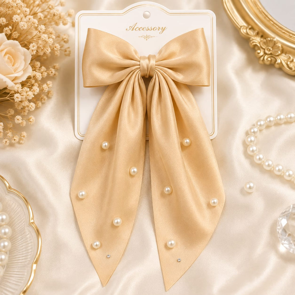 Pearl-Embellished Satin Bow Hair Clip