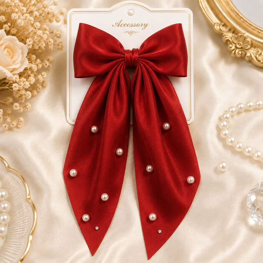 Red Pearl Satin Bow Hair Clip