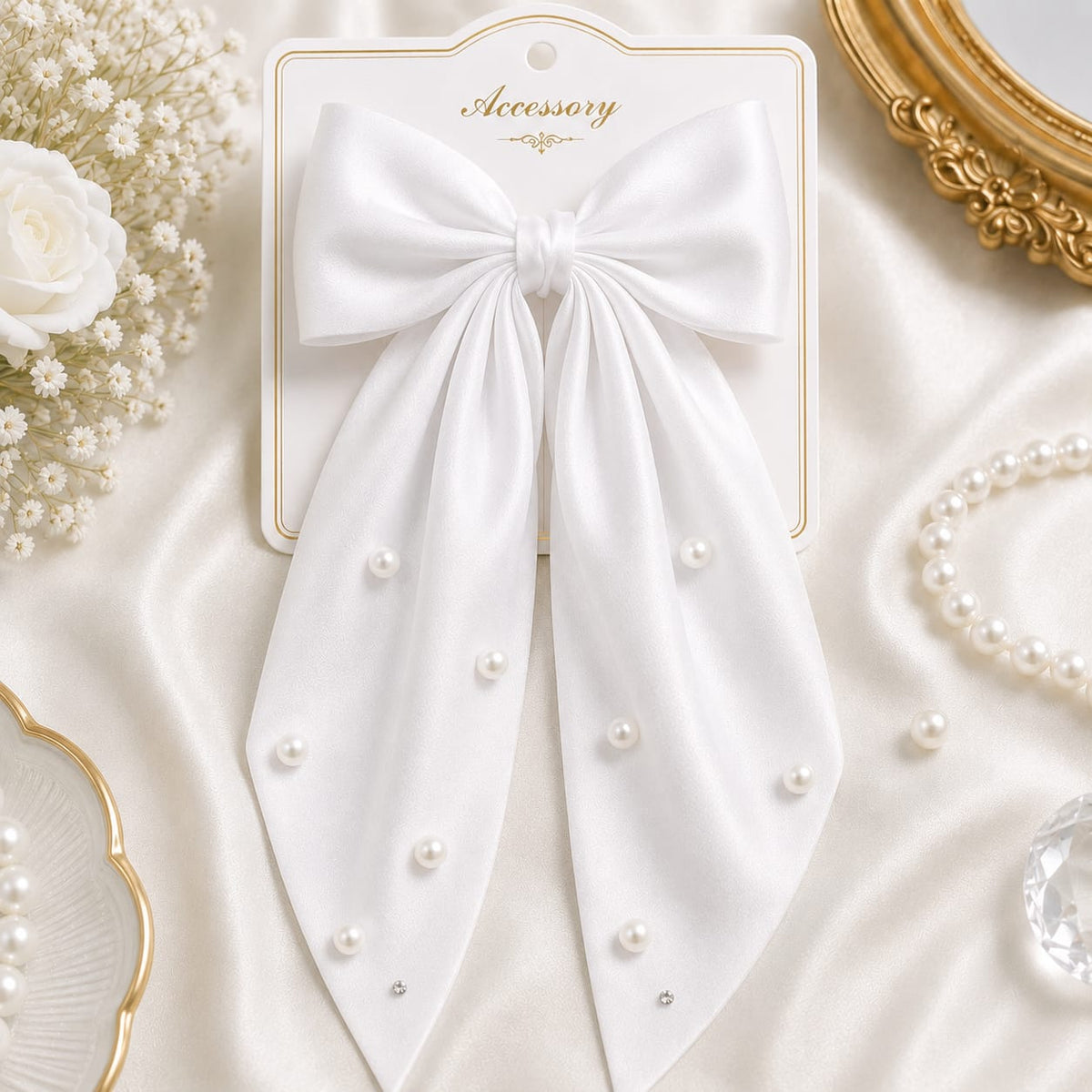 White Pearl Satin Bow Hair Clip