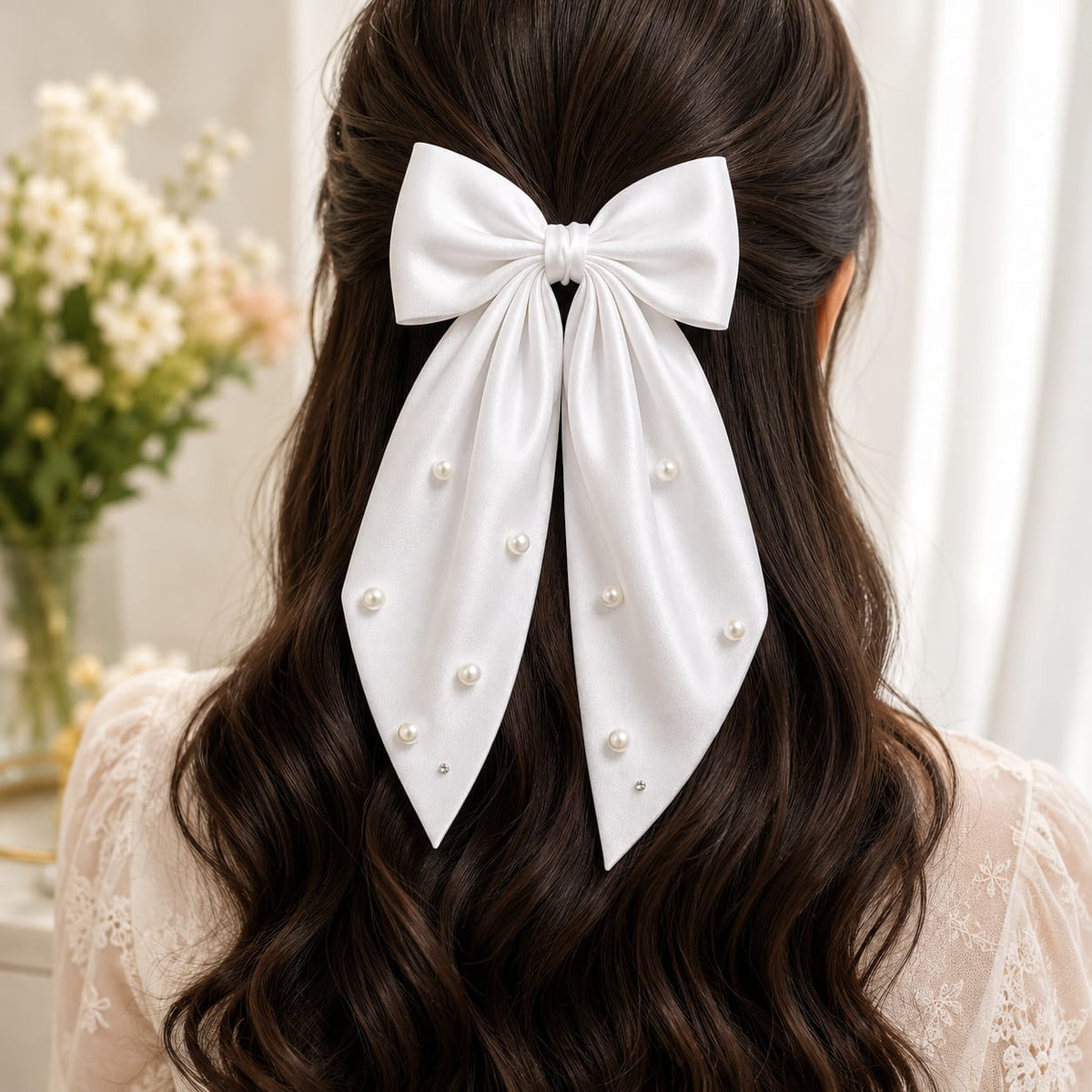 White Pearl Satin Bow Hair Clip