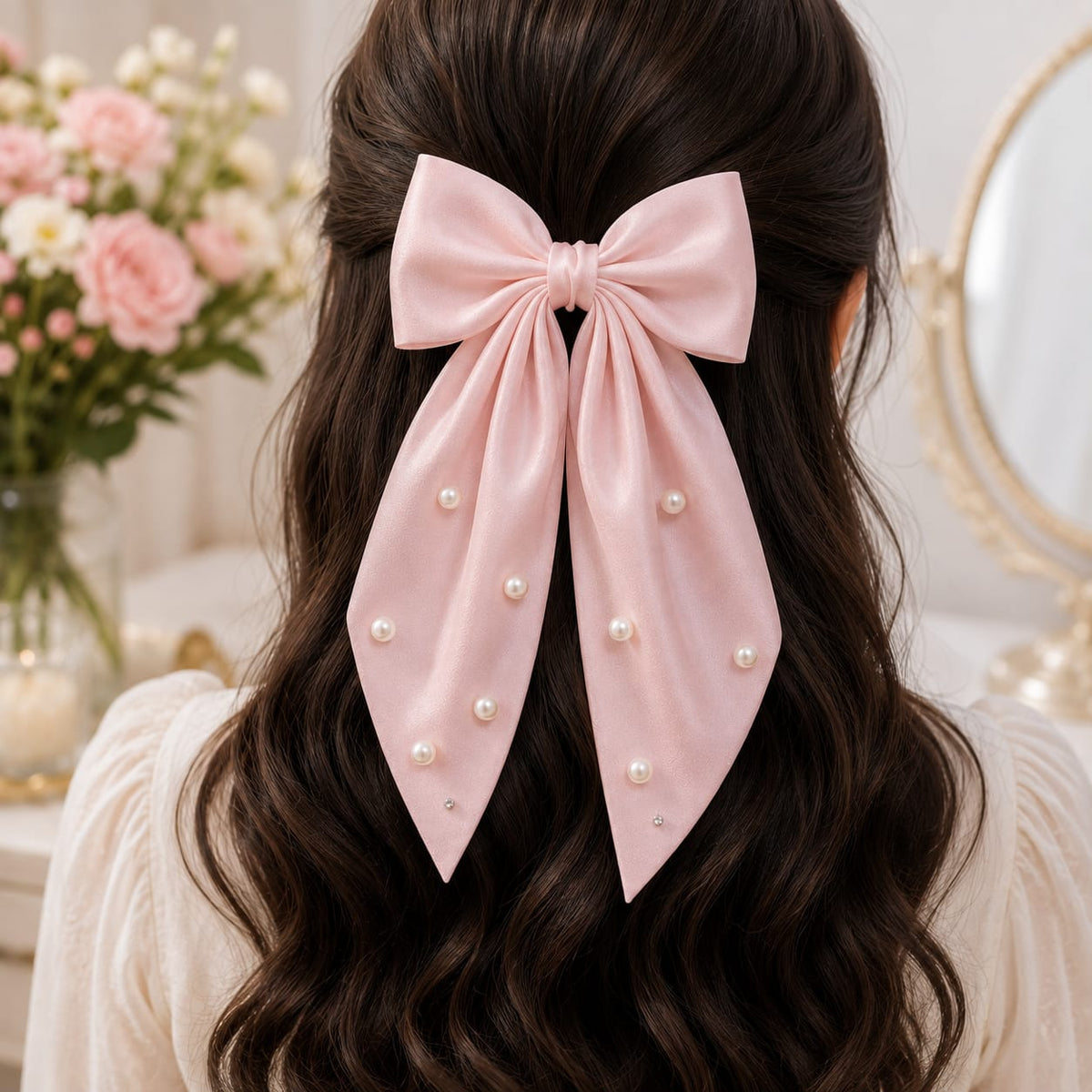 Pastel Pink Pearl Bow Hair Clip