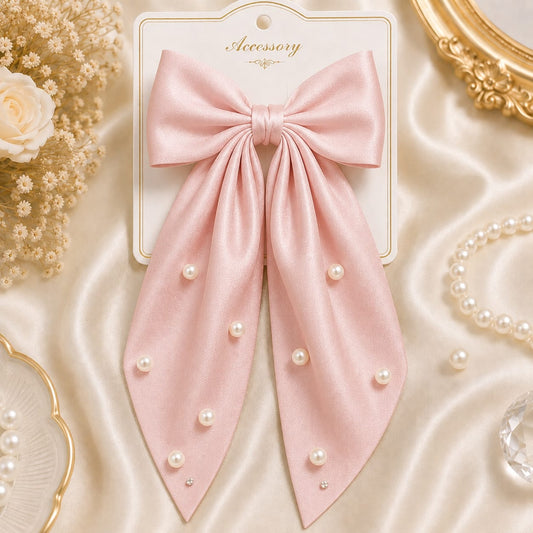 Pastel Pink Pearl Bow Hair Clip