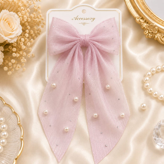 Pastel Pink Pearl Organza Bow Hair Clip