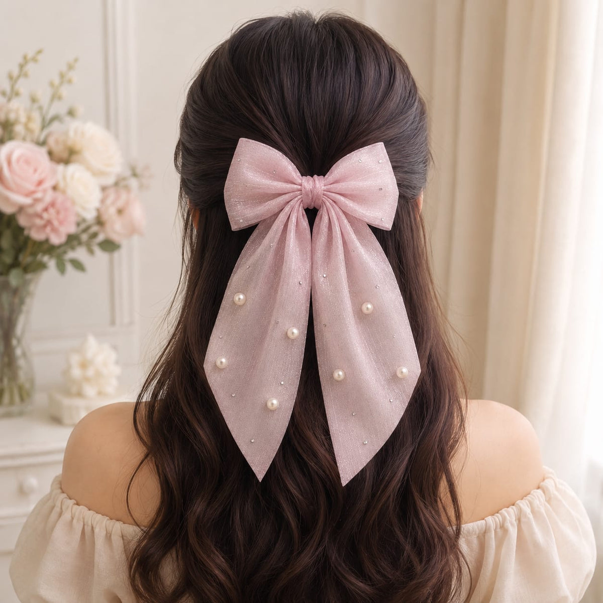Pastel Pink Pearl Organza Bow Hair Clip