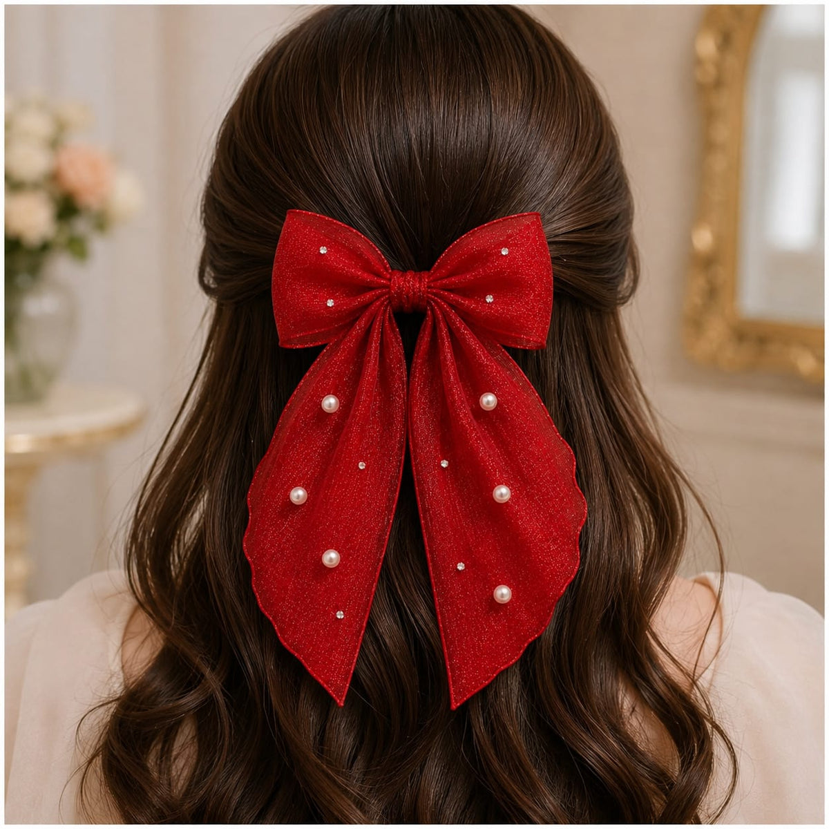 Red Pearl Organza Bow Hair Clip