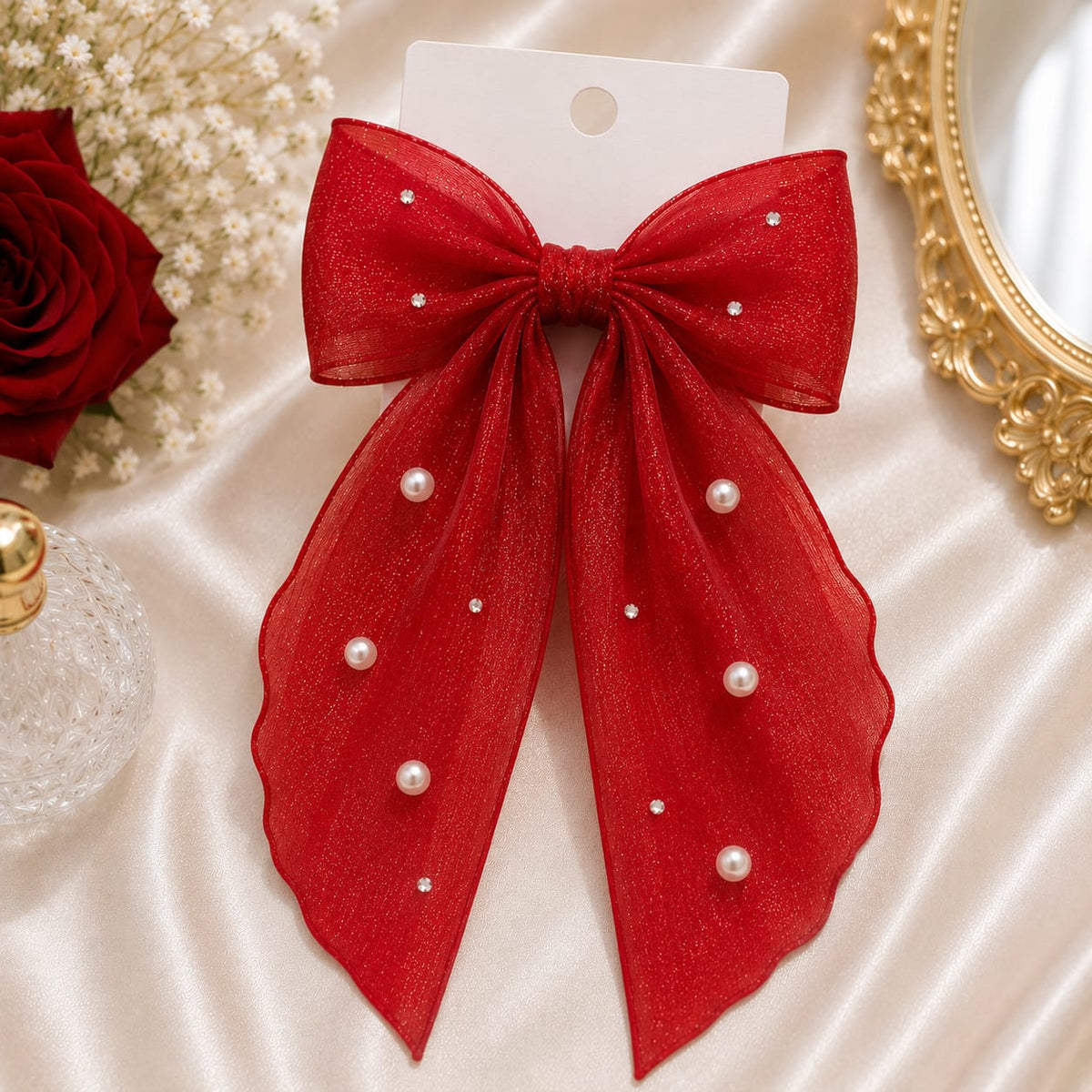 Red Pearl Organza Bow Hair Clip