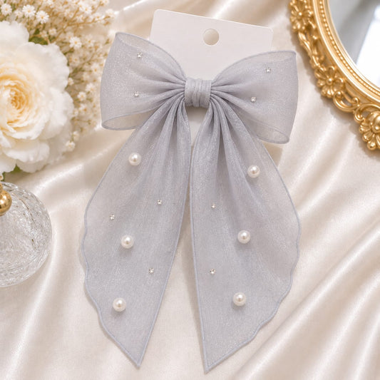 Pastel Grey Pearl Organza Bow Hair Clip