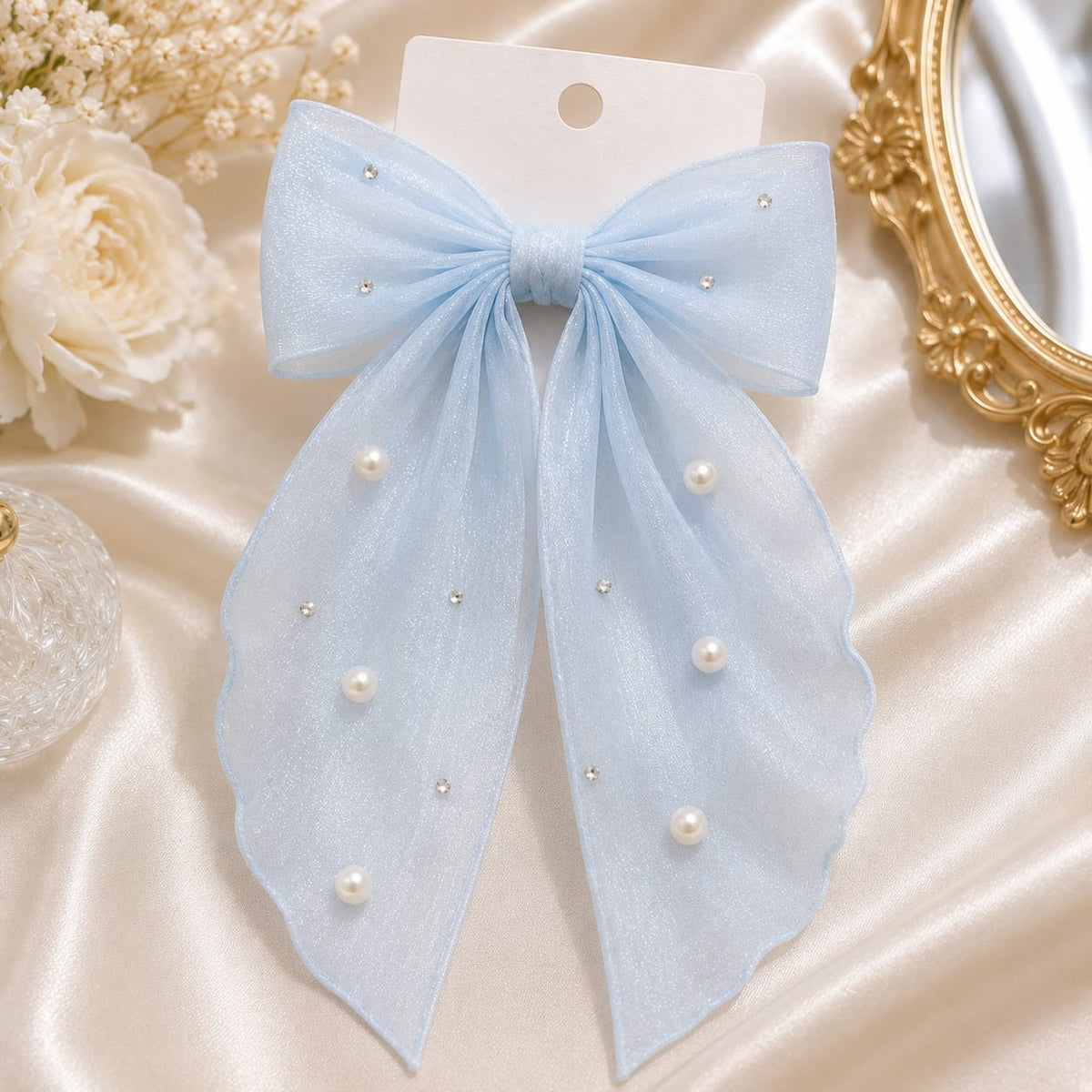 Pastel Blue Pearl Organza Bow Hair Clip