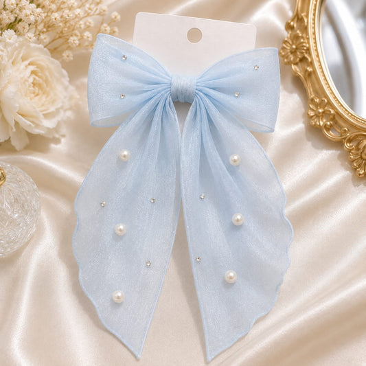 Pastel Blue Pearl Organza Bow Hair Clip