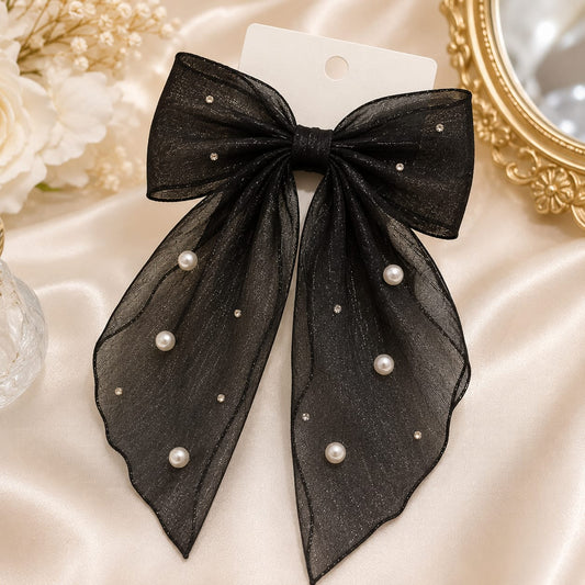 Black Pearl Organza Bow Hair Clip