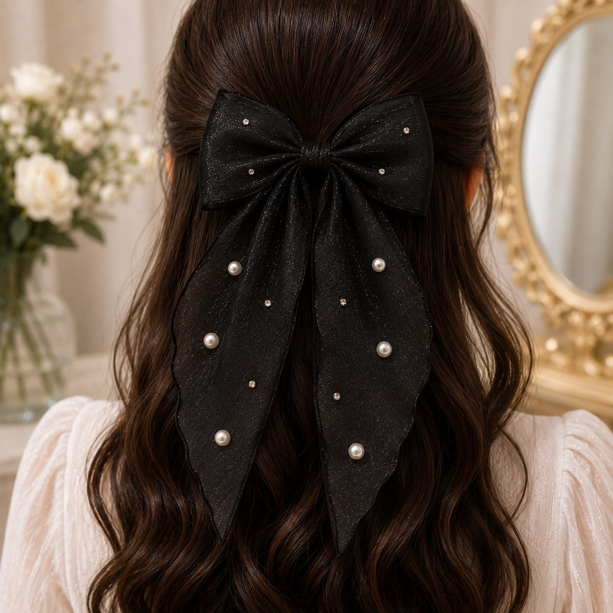 Black Pearl Organza Bow Hair Clip