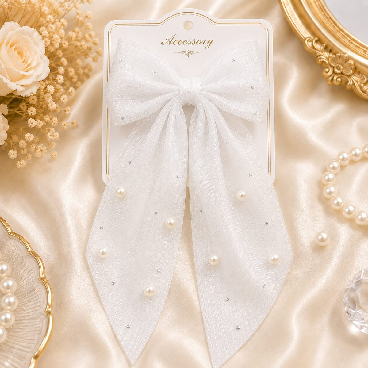 Elegant White Pearl Organza Bow Hair Clip