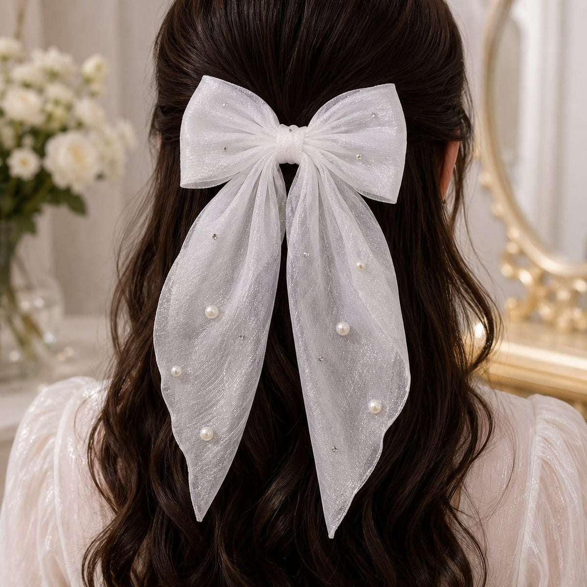 Elegant White Pearl Organza Bow Hair Clip