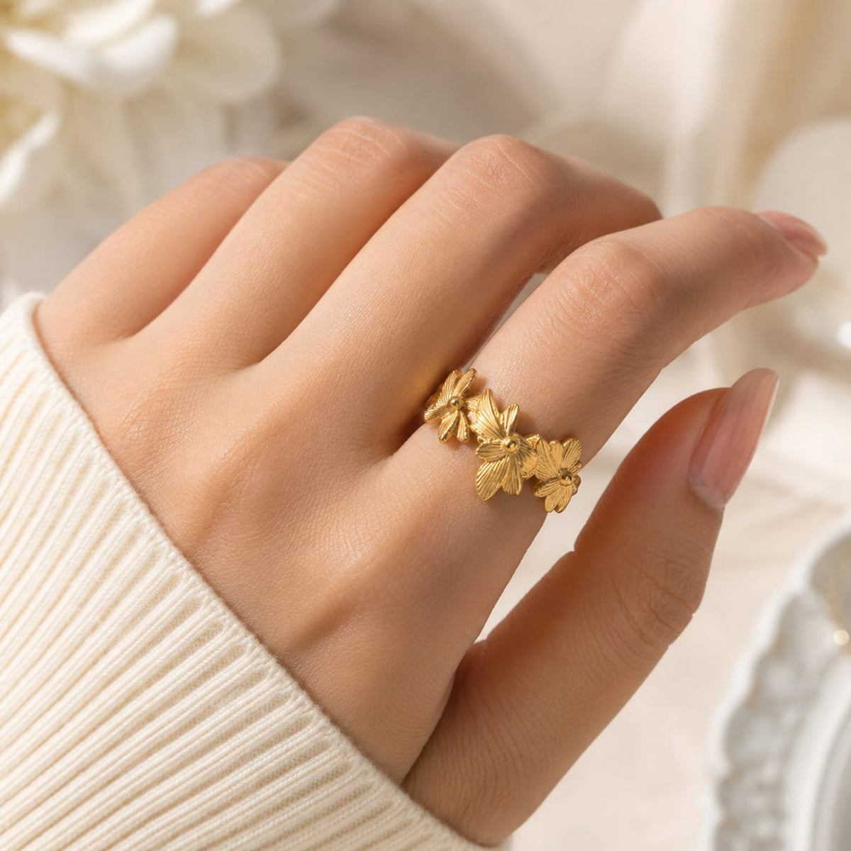 Golden Floral Adjustable Ring