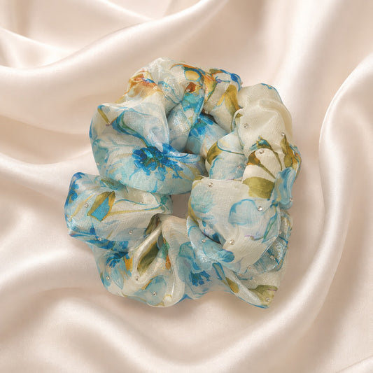 Aqua Bloom Shimmer Scrunchie