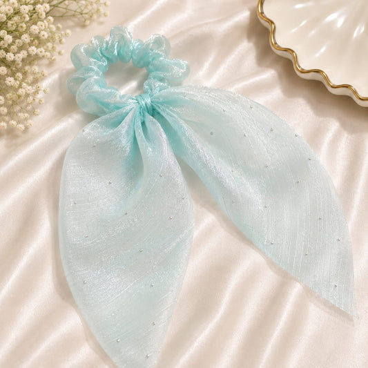 Aqua Pearl Long Bow Scrunchie