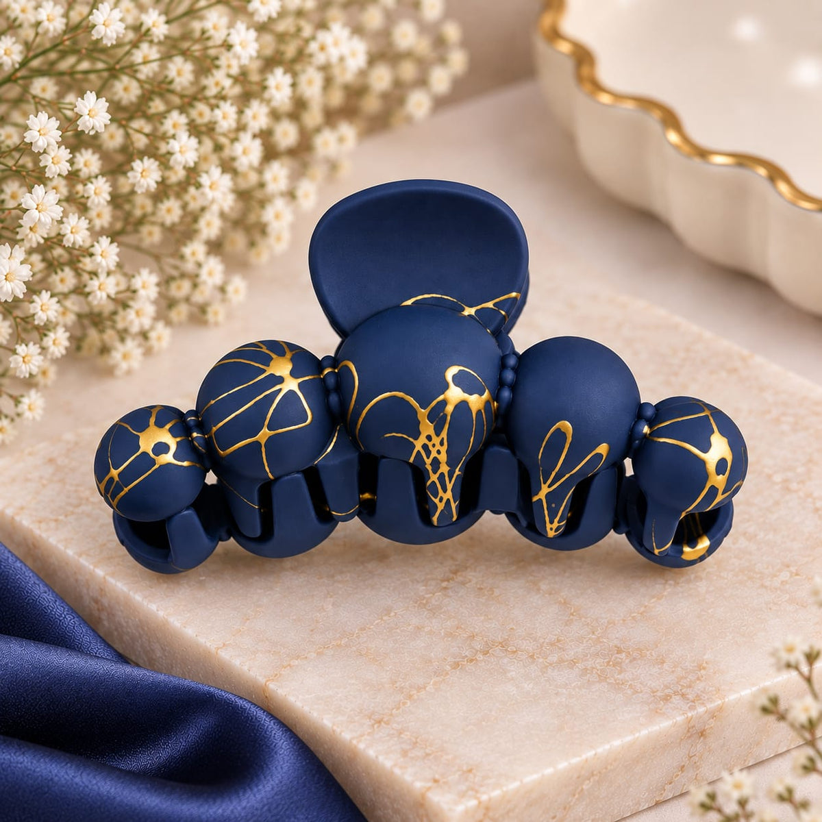 Navy Blue & Gold Marble Small Hair Claw Clip
