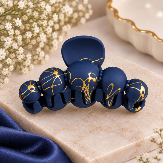 Navy Blue & Gold Marble Small Hair Claw Clip